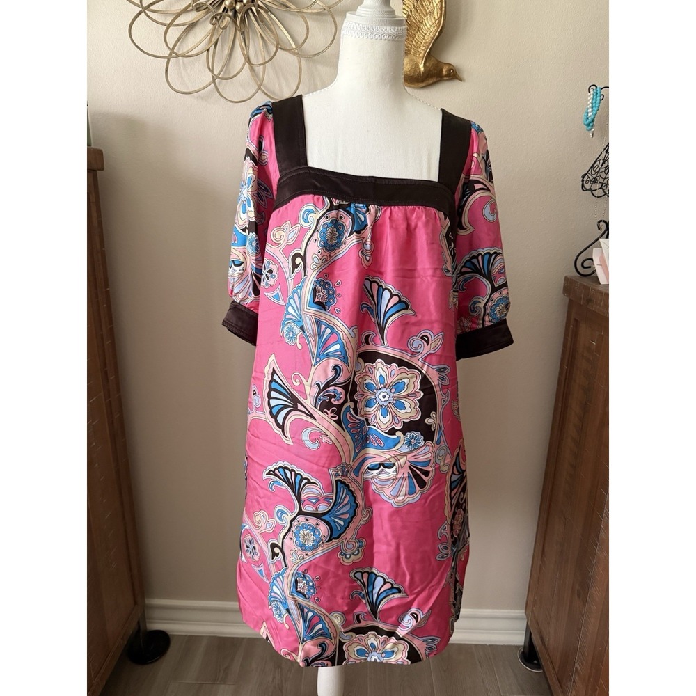 Banana Republic Silk Tunic Dress Pink Paisley Boho Mini Short Sleeve Womens M